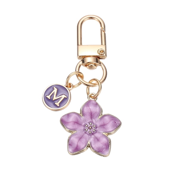 Uxcell Flower Initial Keychain, Letter Keychain Charm Graceful Flower with Letter M for Women Pendant Key Wallet Handbag Backpack Bag Accessories, Purple