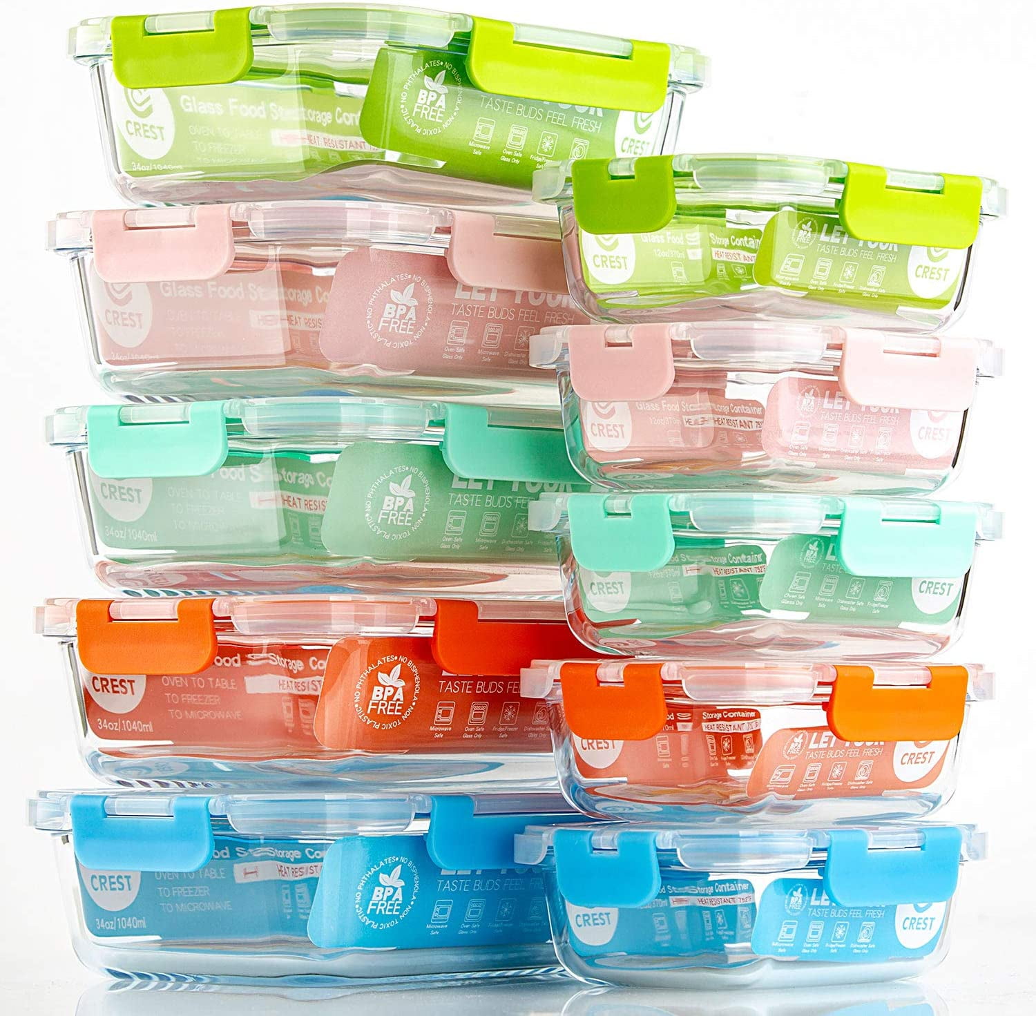 10-Pack] Glass Food Storage Containers (A Set of Five Colors