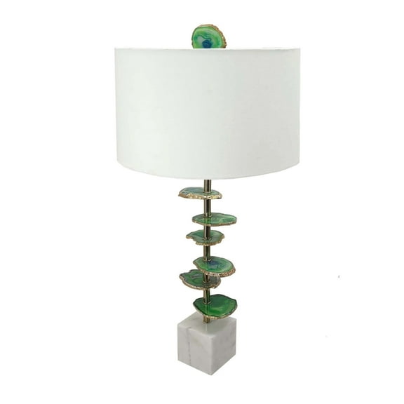Parks 30 Inch Table Lamp With Agate Slices and Linen Drum Shade, White- Saltoro Sherpi