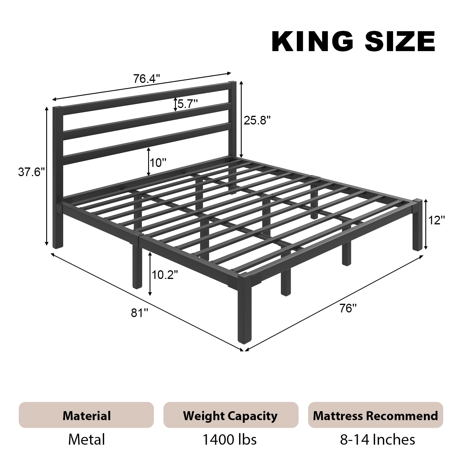 E-motie King Size Metal Platform Bed Frame with Headboard, Heavy Duty Metal Slat Mattress Foundation, Easy Assembly, No Box Spring Needed, Black