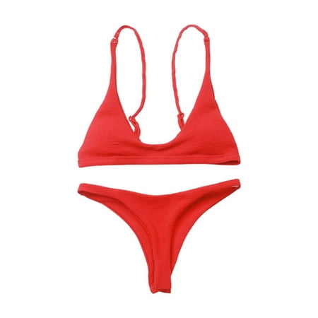 JIANJIA Womens Swimsuits Solid Color Spaghetti Strap Backless Brassiere With Thongs Split Swimsuit Two Piece Bikinis Swimwears Bathing Suits Red Xl