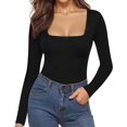 thumbnail image 2 of Womens Square Neck Long Sleeve Bodysuit Slim Fitted Tops, 2 of 4