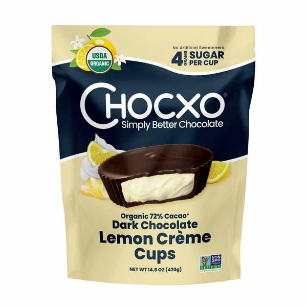 CHOCXO Organic Dark Chocolate Lemon Creme Cups, 72% Cacao, 14.8