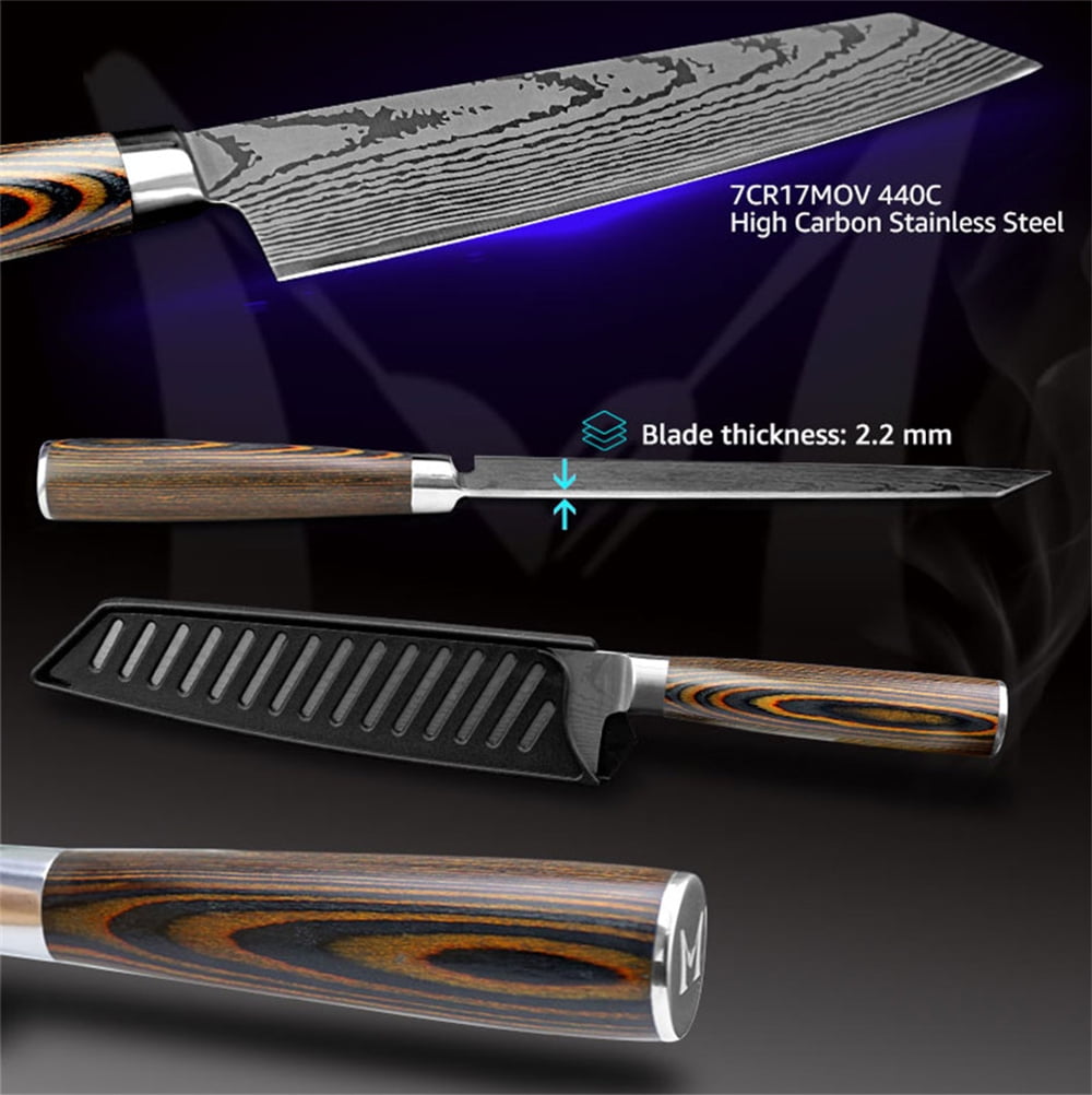 7-Piece Chef Knivse Set Damascus Laser Blade, Japanese High Carbon Steel Kitchen Knife with Blade Guard, Cleaver, Santoku, Bread, Utility Knife,Paring Knife