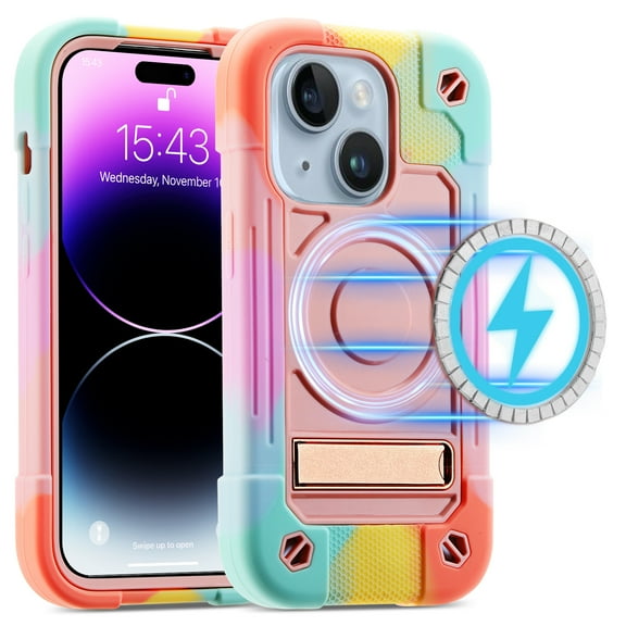 For iPhone 14 Plus Case Compatible with MagSafe,Magnetic Shockproof Military Grade Anti-Scratch Heavy Duty Silicone 3-Layer Protection Built in Kickstand For iPhone 14 Plus 6.7 inch Cover, Multi-Color