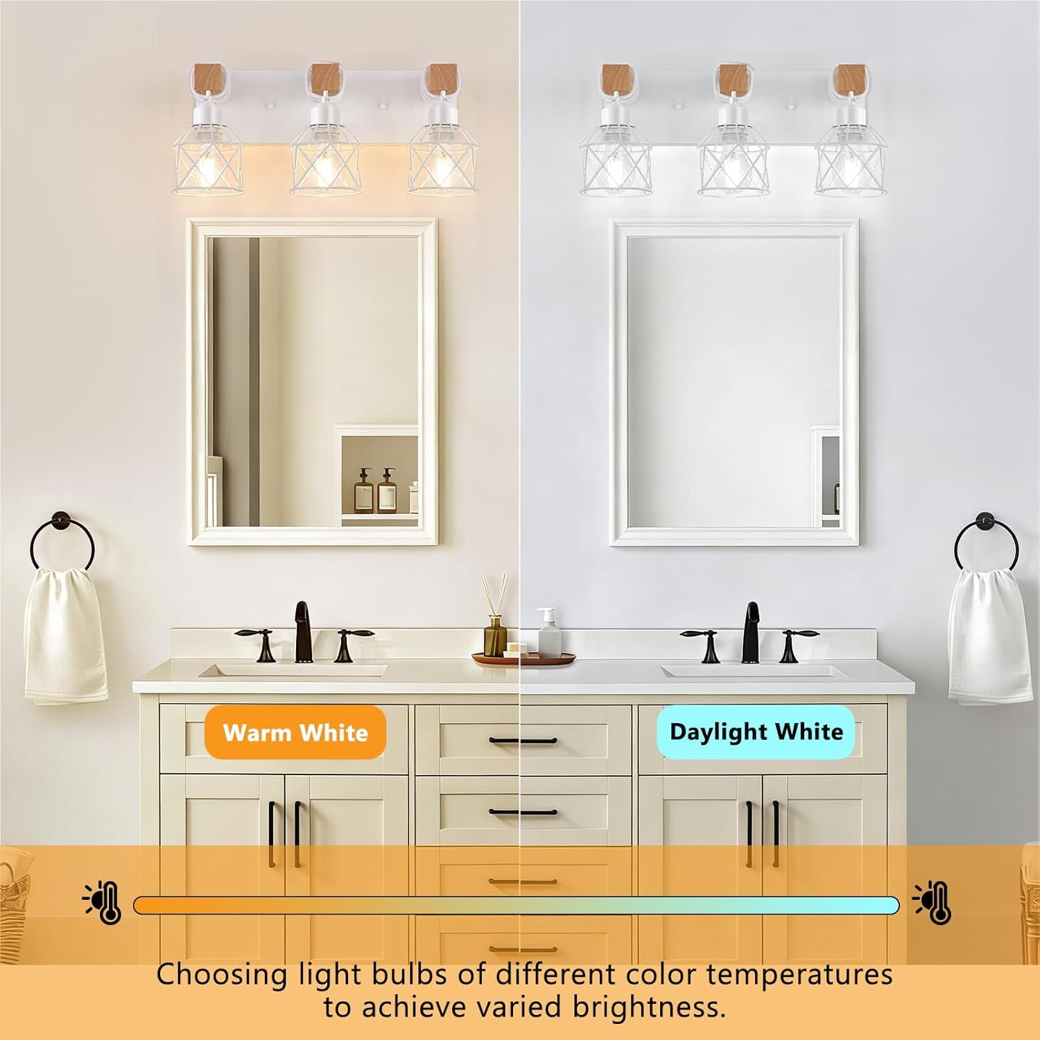 Farmhouse Vanity Light for Bathroom, 3-Light White Wood Bathroom Vanity Light Fixtures Over Mirror, Rustic Sconces Wall Lighting with Metal Lampshade for Living Room, Bedroom, Hallway