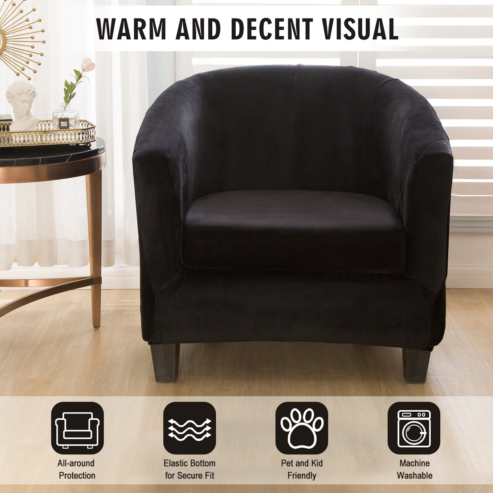 SHANNA Velvet Tub Chair Covers, 2 Pieces Stretch Modern Armchair Slipcovers Non Slip Sofa Couch Slipcover for Club Bar Counter Living Room Reception,With Separate Cushion Cover, Black, 2 Pack