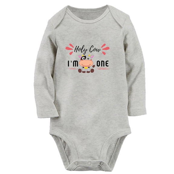 Holy Cow I'm One Funny Rompers, Newborn Baby Unisex Bodysuits, Infant Jumpsuits, Toddler 0-12 Months Kids Long Sleeves Oufits (Gray, 0-6 Months)