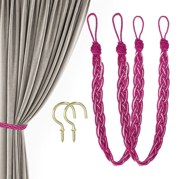 23inch Curtain Tiebacks, 2 Pack Curtain Tie Backs Handmade Braided Drapery Tiebacks Lovely Cute Versatile Holdback Rope with Hook for Curtains Drapes Wall Window, Hot Pink