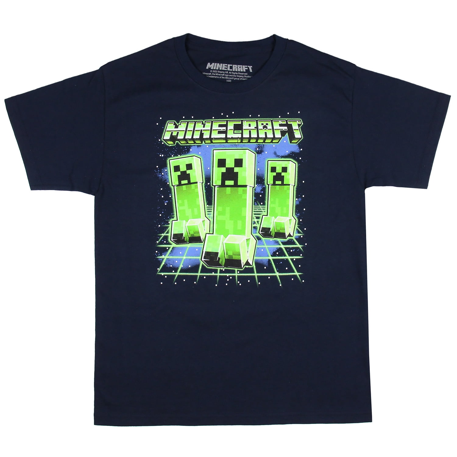 Minecraft Boy's Three Glowing Creepers Gaming Print Navy TShirt, M