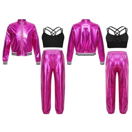 dPois Kids Girls Shiny Metallic Bomber Jacket Coat Outwear Jazz Hip Hop Dance Crop Top Sports Bra Rose 12