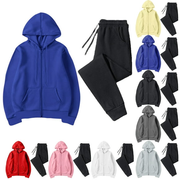 JURANMO 2 Piece Sets for Women Solid Color Full Zip Sweat Jacket with Sweatpants Casual Loose Hooded Shirts Drawstring Elastic Waist Jogging Pants Lightening Deals Blue L