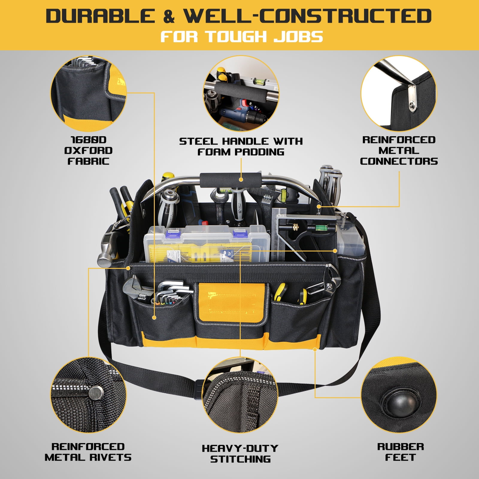 18" Heavy Duty Tool Bag, Open Top Tool Tote for Electricians, 30 Pockets, 1680D Oxford Fabric, Foldable with Rotating Handle, Reflective Tool Bag, Yellow