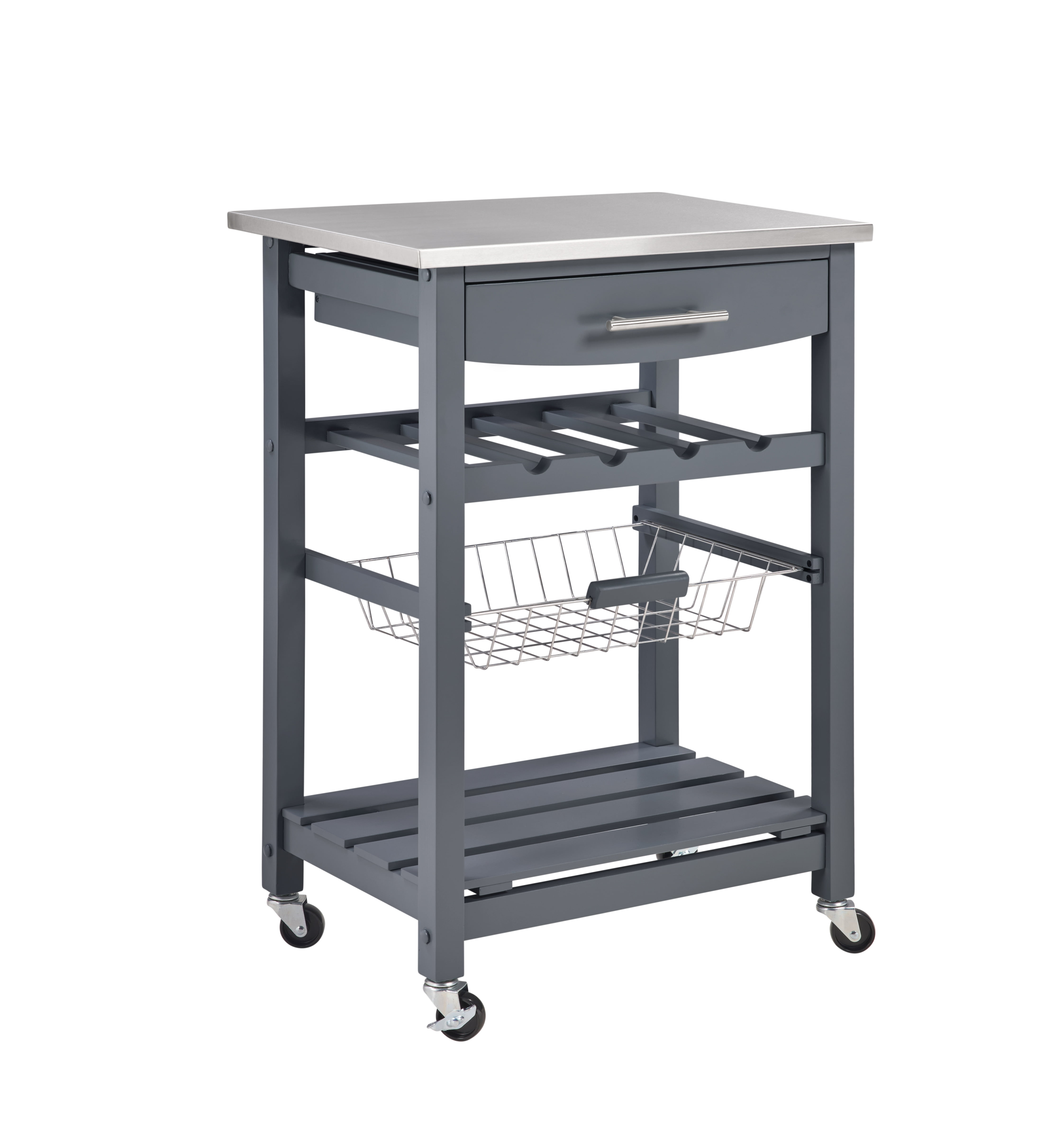 Mobile Rolling Kitchen Island with Stainless Steel Top, Drawer & Storage Basket