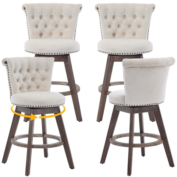 PAPROOS Counter Height Bar Stools Set of 4, 26” Swivel Bar Stools with Tufted Back and Nailhead Trim, Velvet Upholstered Kitchen Island Counter Stools with Solid Wood Legs and Footrest, Beige