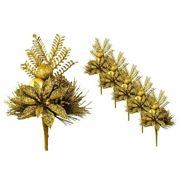 Queens of Christmas PCK11-FP-GO-5PK 11 in. Poinsettia Pick with Fern & Ball for Christmas Decoration, Gold - Pack of 5