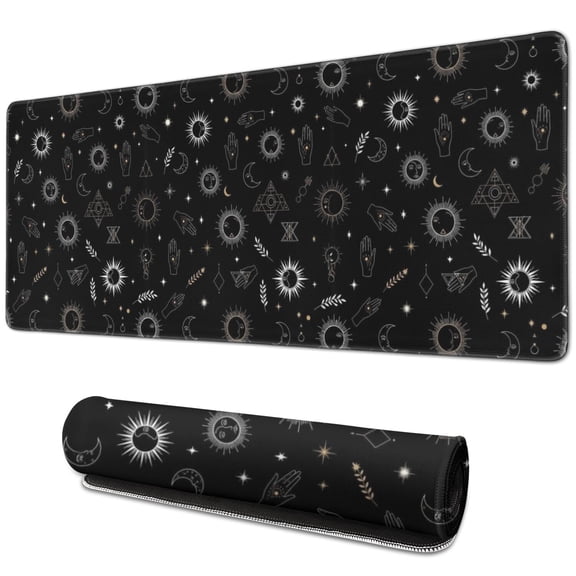 Long Mouse Pads for Desk,Black Sun Moon Star Geometry Hand Desk Mats on Top Of Desks, Desk Mouse Pad Extra Large with 3mm Non-Slip Base and Stitched Edge for Gaming,Work,Home 31.5"x11.8"