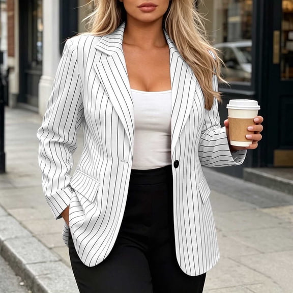 Striped Blazer For Women, Long Sleeve Button Down Suit Jacket, Casual Collared Work Blouse, Business Casual Office Coat, Trendy Career Wear White XL
