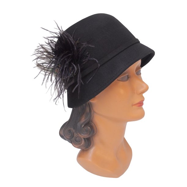 Dorfman Pacific - Scala - Cloche Wool Felt Hat - Black w/ Peacock Feather -  