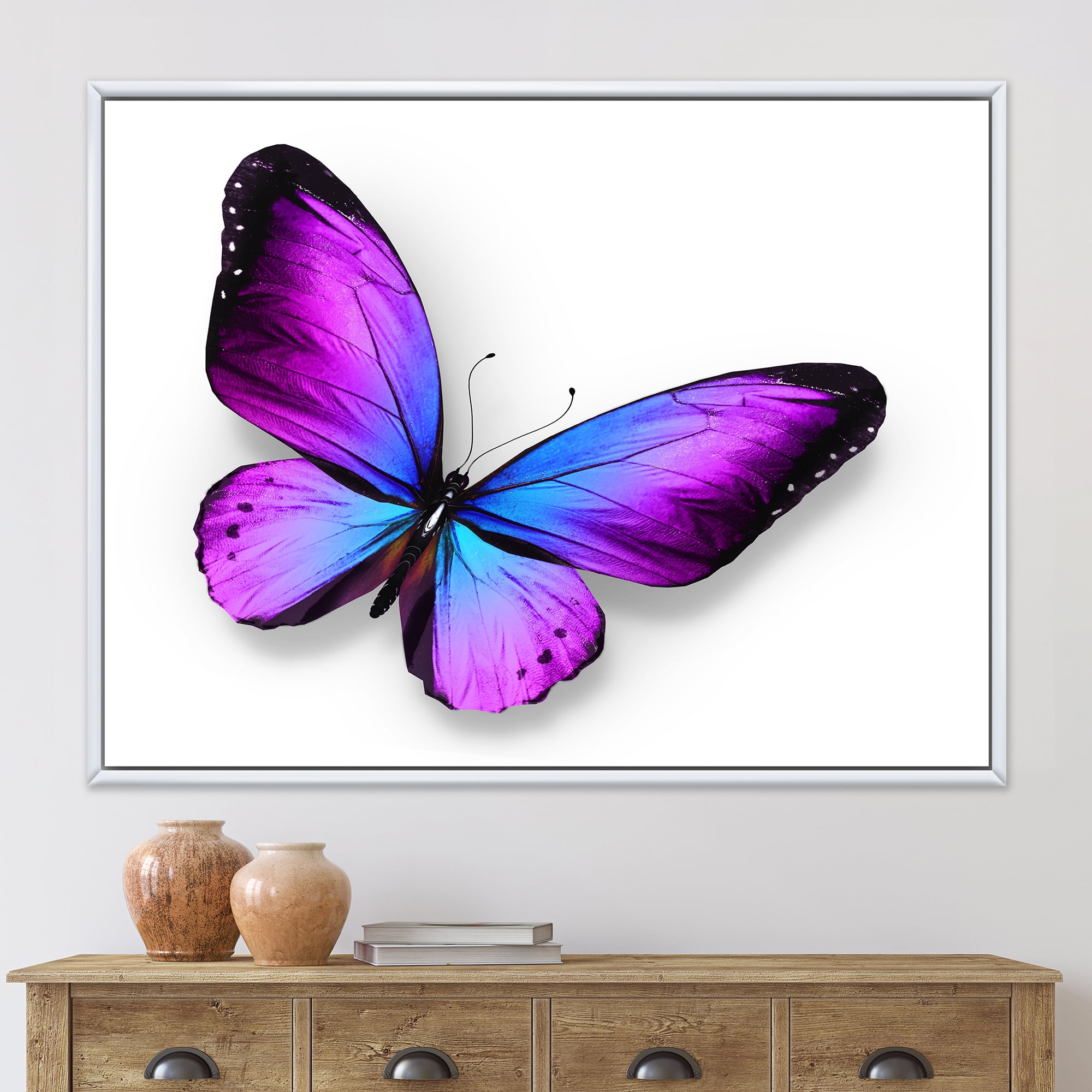 Designart 'Blue and Violet Butterfly' Modern Framed Canvas Wall Art Print