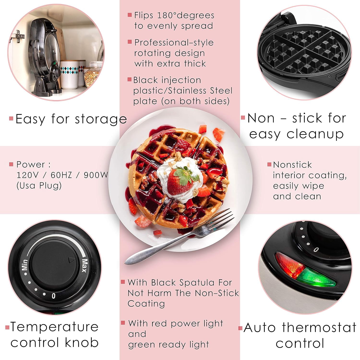 Belgian Waffle Maker, Electric Flip Waffle Machine with Adjustable Temperature Control, Non-Stick Grids for Smooth Release, Compact 8-Inch Round Waffle Maker, Black