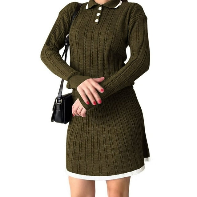 Conjunto de 2 Piezas Vintage con Cuello Tipo , Larga, Falda Corta y Cintura Alta para Mujer Verde Oliva XXL