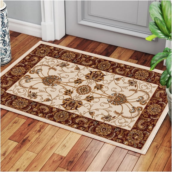 JERFIT Ivory Traditional Area Rug 2x3 Feet, Victorian Ornate Floral Design Non-Shedding Stain-Resistant Indoor Accent Rug for Living Room, Bedroom, Entryway