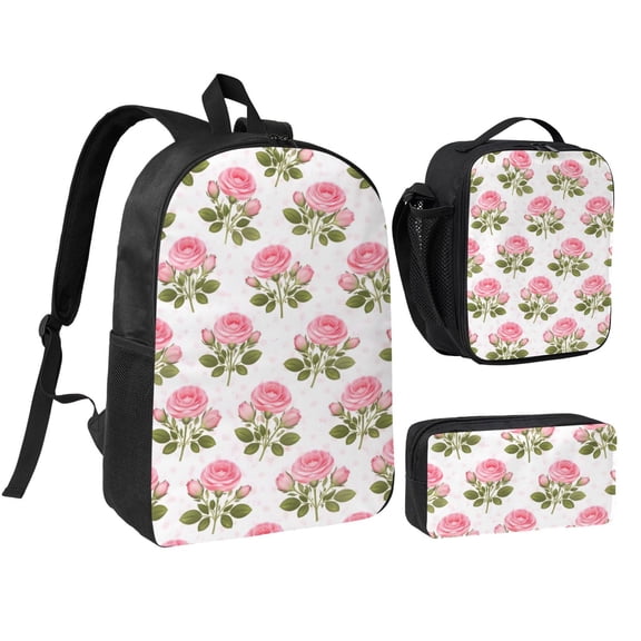 Pink Rose Floral Backpack Set 3pc ，Backpack with Lunch Bag and Bag 17 Inch