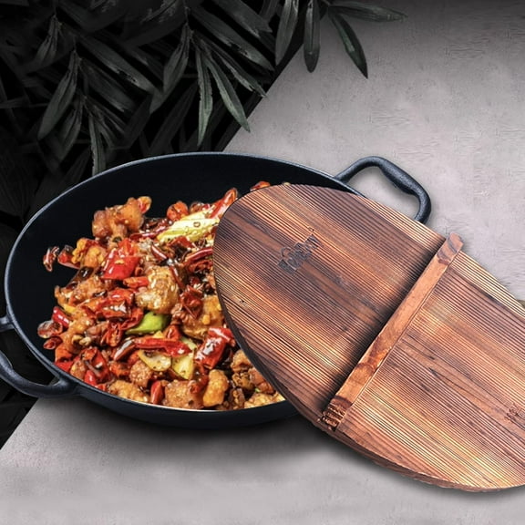14 Inch Cast Iron Wok with Lid, Non Stick, Pre-Seasoned, 2 Handles, Uncoated Chinese Handmade Wok for All Cooktops