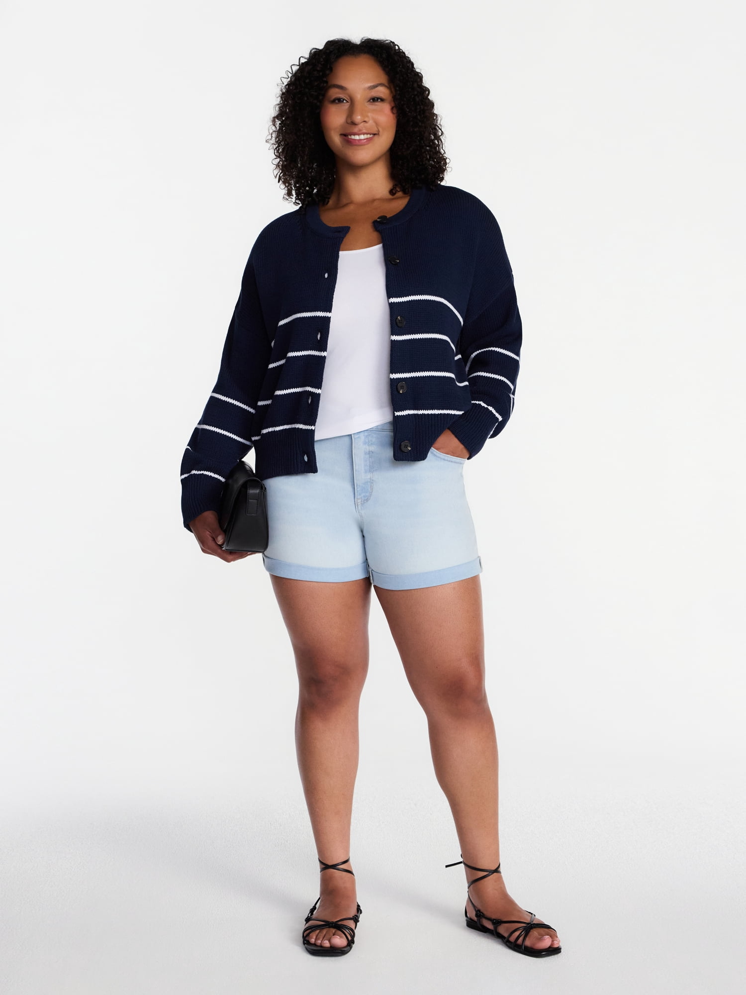 Time and Tru Women's Mid Rise Roll Cuff Denim Shorts, 4" Inseam, Sizes 0-20