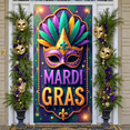thumbnail image 5 of Colorful Feather Mardi Gras Banner Gold Fleur-de-lis Carnival Display Purple Mask Green Feather Masquerade Backdrop for Carnival Party Mardi Gras Celebration Festival Decoration, 5 of 9