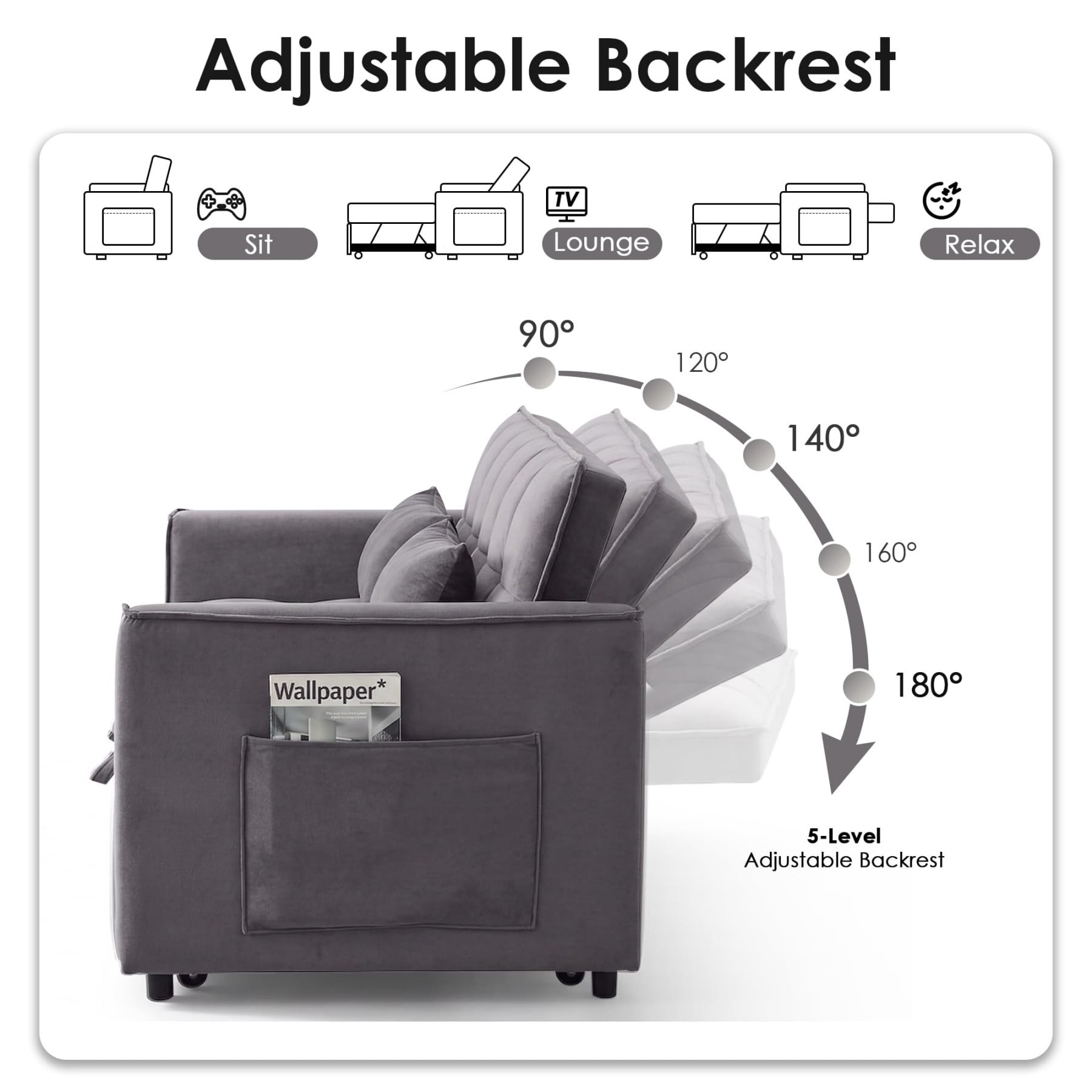 54" 3 in 1 Convertible Velvet Sofa Bed, 3 Position Foldable Sleeper Couch with Adjustable Backrest & Pillows, Dark Gray