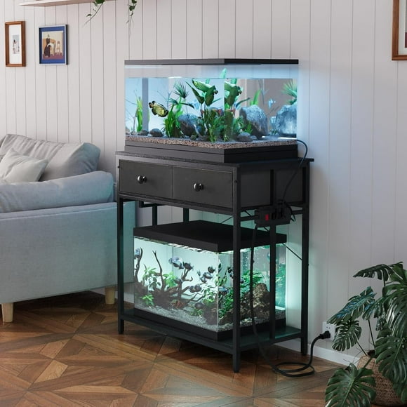40 Gallon Aquarium Stand with Power Outlet, Metal Frame Fish Tank Stand with Cabinet Storage, Double Turtle Reptile Terrariums Tank Stand, 39.4" L*18.9" W Tabletop, 660LBS Capacity, Black