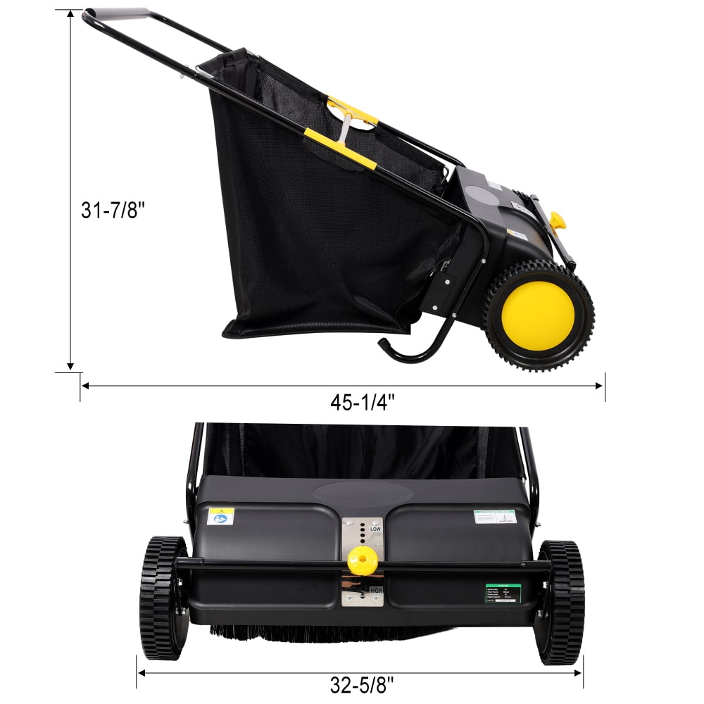 Black 26‑Inch Hand Push Lawn Sweeper with Adjustable Brush Height 7 Cu. Ft Large‑Capacity Hopper Bag Leaf & Grass Collector for Yard & Garden
