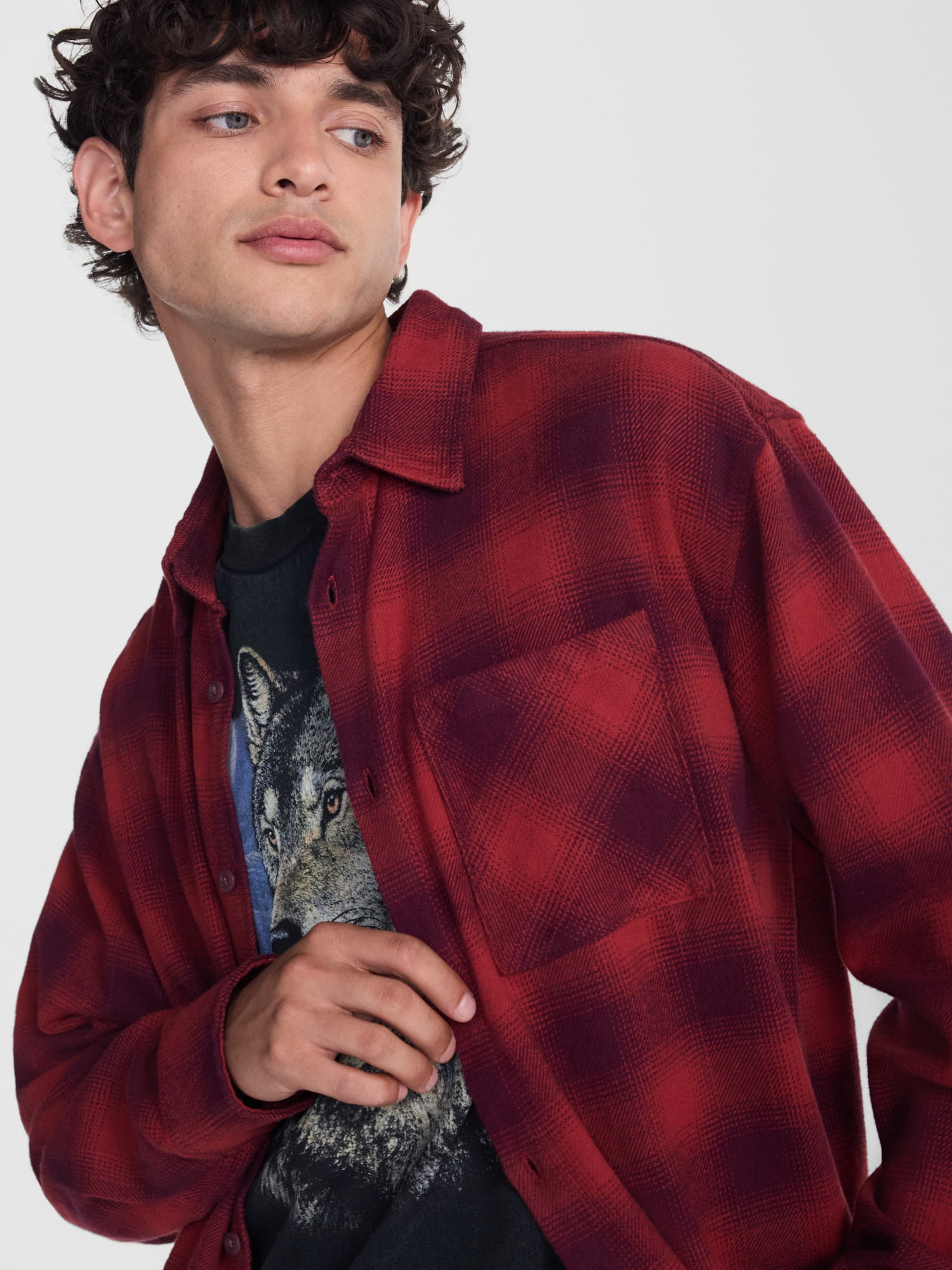 No Boundaries Boxy Cotton Plaid Flannel with Long Sleeves, Men's and Big Men's XS-4XLT