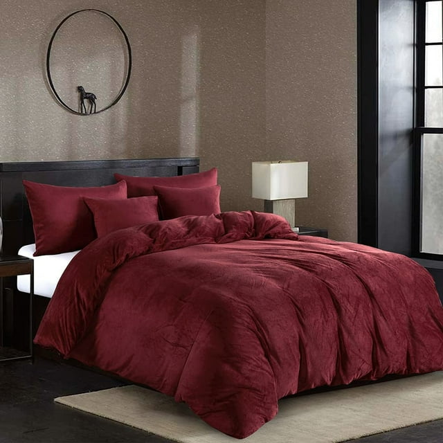 3 Piece Winter Warm Wine red Comforter Cover Crystal Flannel Bedding