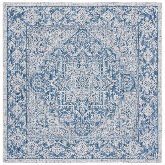 SAFAVIEH Courtyard Joey Medallion Indoor/Outdoor Area Rug, Light Grey/Navy, 6'7" x 6'7" Square