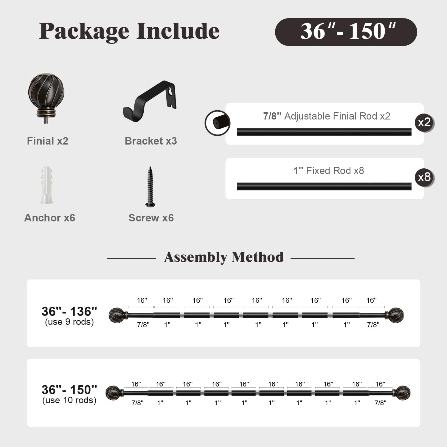 Brown Curtain Rods for Windows 72 to 144 Inch, 7/8" Adjustable Heavy Duty Decorative Drapery Rods with Round Netted Texture Finials (Pack of 1, 36 to 150 Inch)