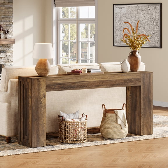 Finmind 63" Farmhouse Console Table, Narrow Sofa Table Behind The Couch for Living Room, Natural Brown