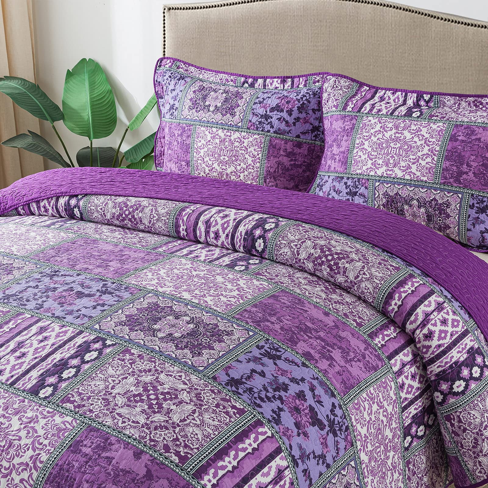 WannaToo King Size Quilt Comforter Cotton Bedding Set With Shams, Vintage Purple