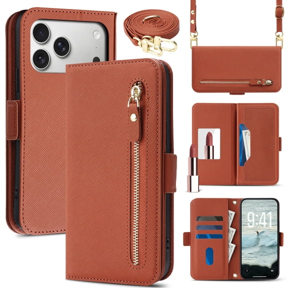 Lunvic for iPhone 17 Pro Max Wallet Case, Zipper Pocket, Card Slots, RFID Blocking, Crossbody Strap, Makeup Mirror, Brown