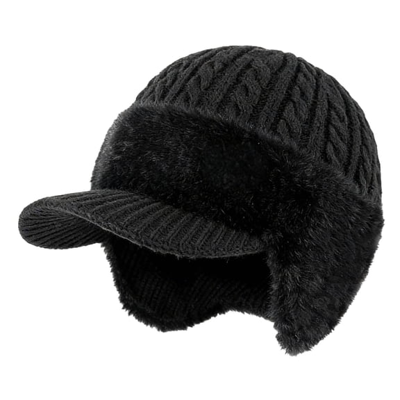 Men's Winter Trapper Hat with Ear Flaps, Brim, Soft Breathable Warm Fleece-lined Knitted Hat for Cold Weather, Black