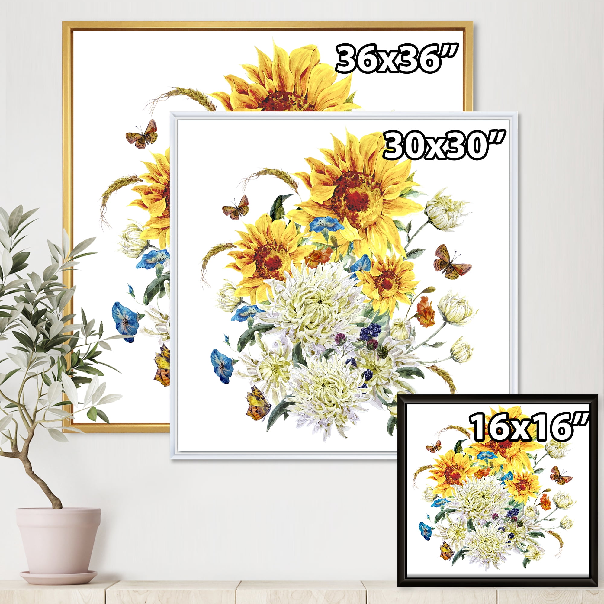 Designart 'Ancient Chrysanthemums and Sunflowers' Traditional Framed Canvas Wall Art Print