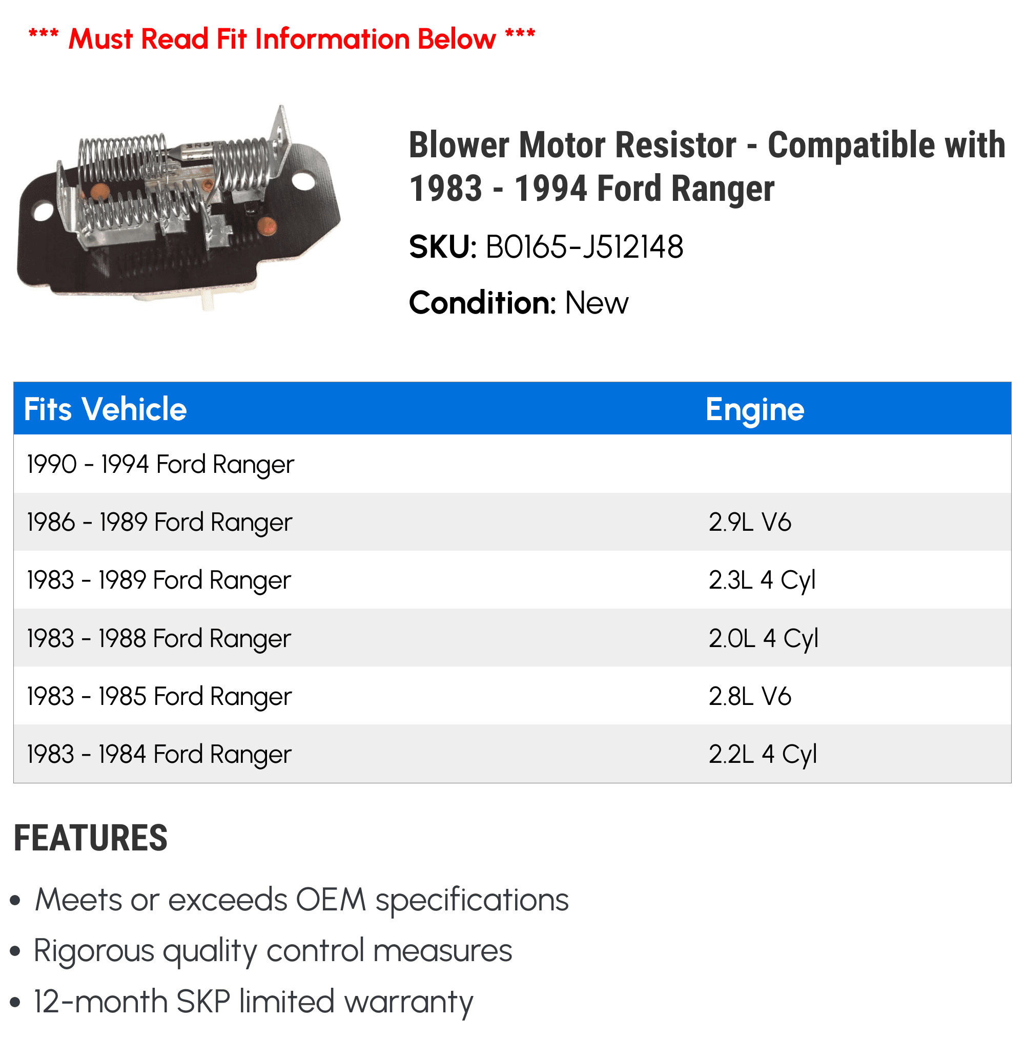 Blower Motor Resistor - Compatible with 1983 - 1994 Ford Ranger 1984 1985 1986 1987 1988 1989 1990 1991 1992 1993