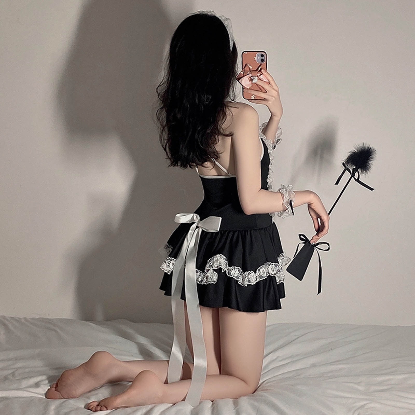 Honeeladyy Sexy Women Lingerie Apron Maid Outfit Dress Cosplay Bow