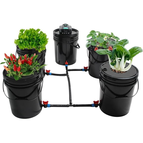 5 Hydroponic Buckets Kit 5.28 Gallon Deep Water Culture Hydroponics Grow System with Pump, Air Stone and Water Level Device for Indoor/Outdoor Herbs, Tomato, Vegetables