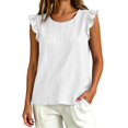 thumbnail image 5 of Women's Cotton Linen Ruffle Sleeve Tank Tops Summer Casual Round Neck Sleeveless Blouse (L,White), 5 of 9