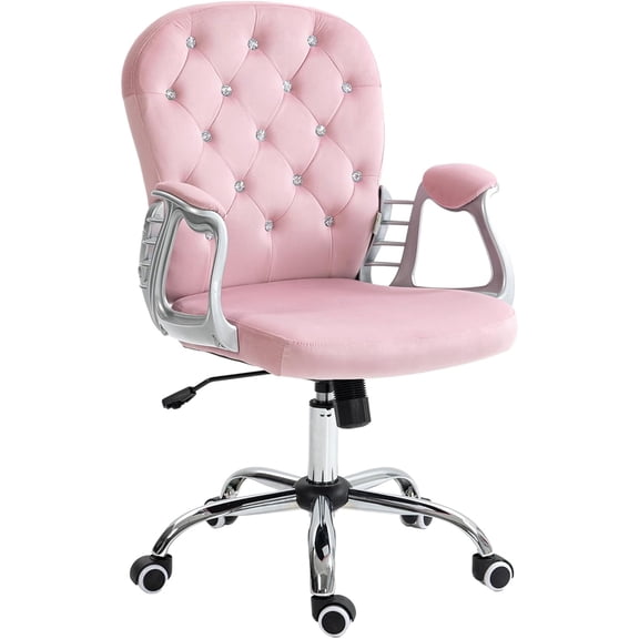 Velvet Home Office Chair, Button Tufted Desk Chair with Padded Armrests, Adjustable Height and Swivel Wheels, Pink