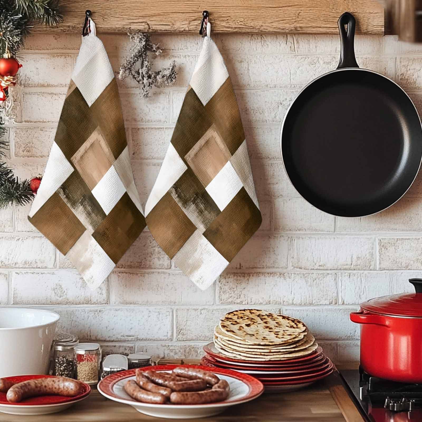 Dish Towels, Brown Plaid Absorbent Kitchen Towels 2 PCS, Abstract Art Color Block Microfiber Hand Towels Dish Cloths Tea Towels for Home&nbsp;Bathroom Cleaning Drying,18X28-Inch,