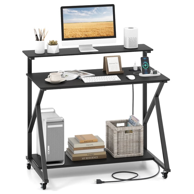 Costway Rolling Computer Desk with Charging Station Monitor Stand Storage Shelf for Writing Black